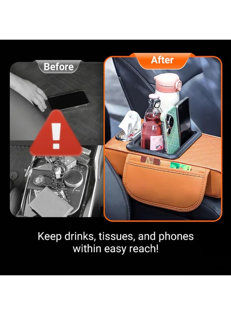 Bukela Multifunctional PU Leather Car Armrest Box Mat Organizer with Cup Holders, Universal 5‑in‑1 Central Elbow Storage Box Mat, Fit for Most Vehicle Models, Gray - Image 4